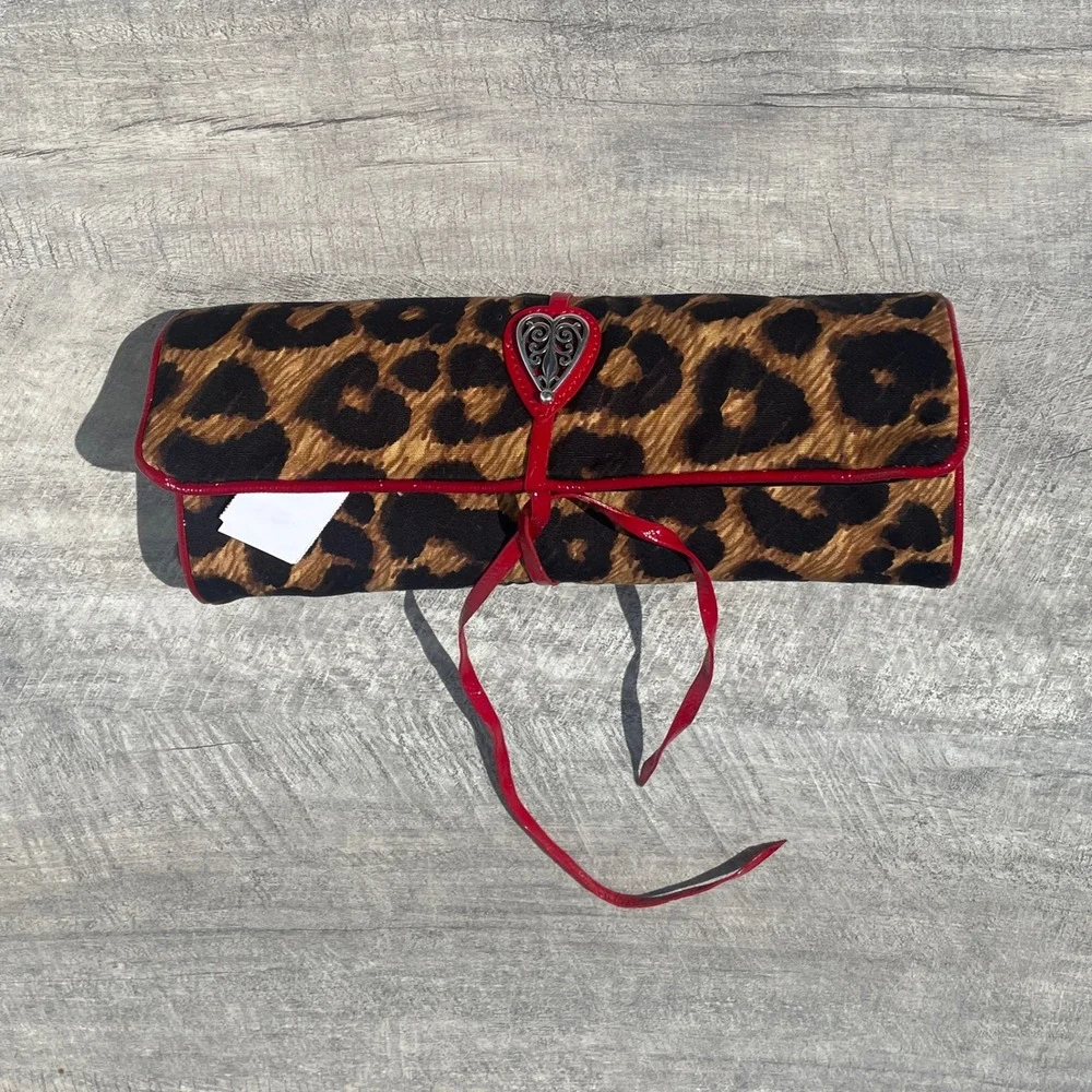 Brighton Leopard Print Jewelry Roll Organizer Red Patent Trim Heart Charm